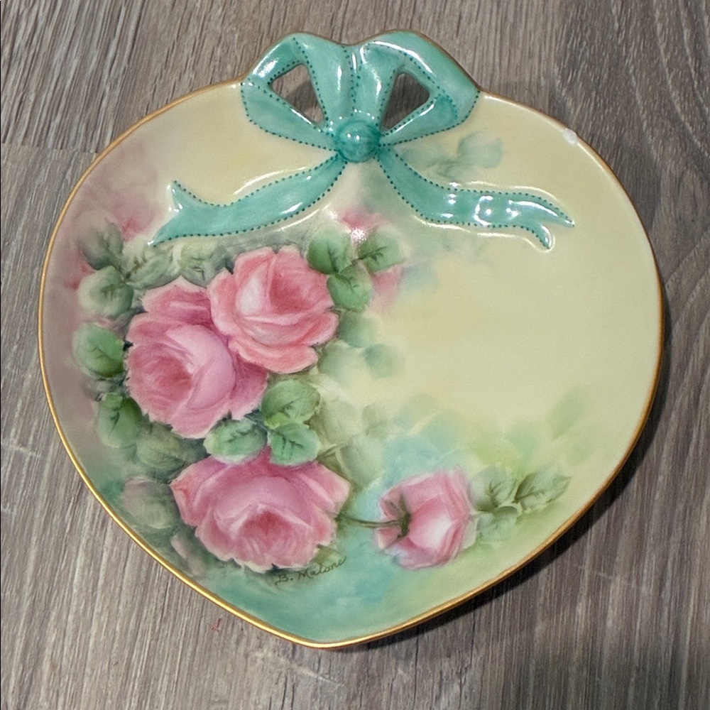 Heart-Shaped Dish with Pink Roses and Teal Bow